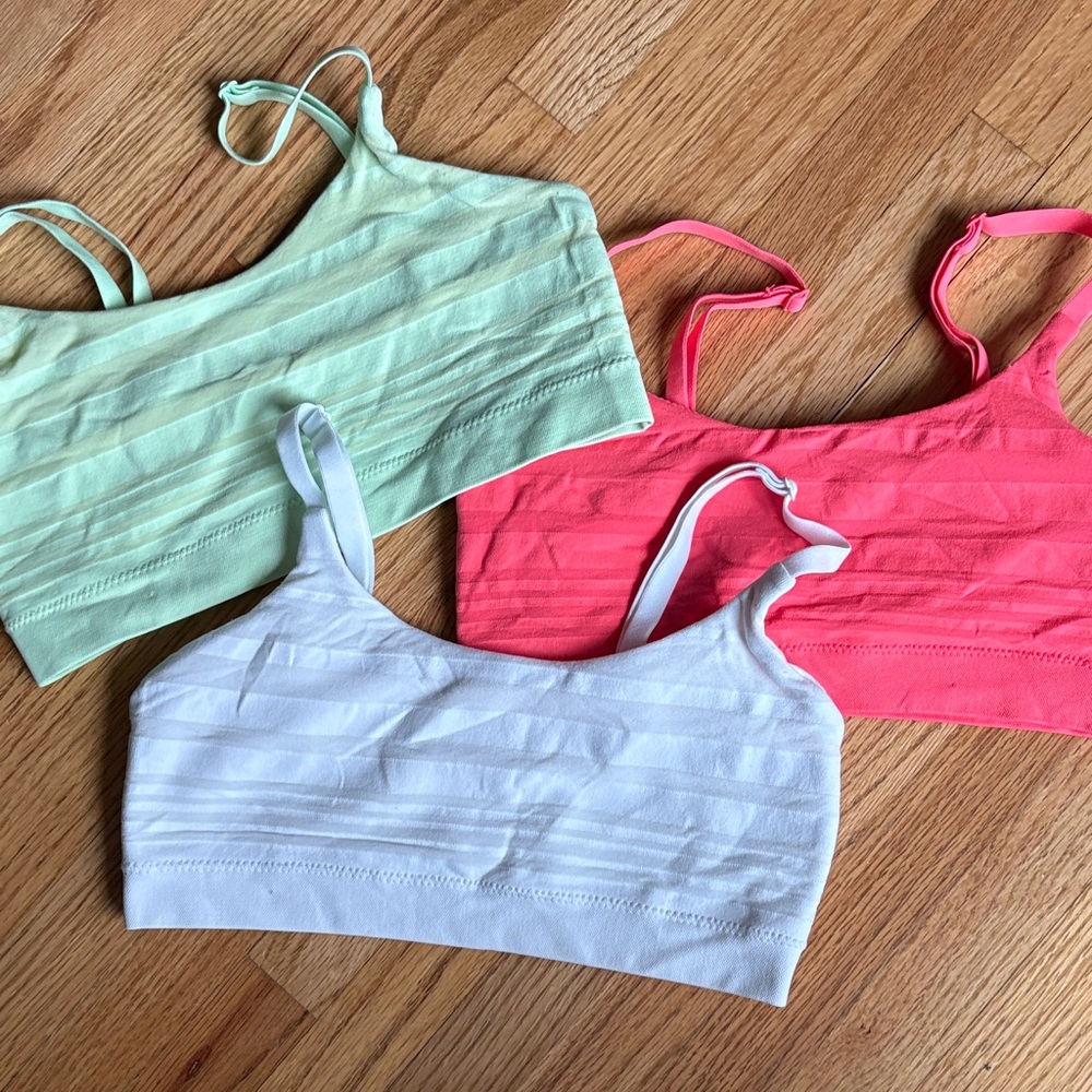 aerie XS three Seamless Ribbed Bralettes or training bras green, pink and white
